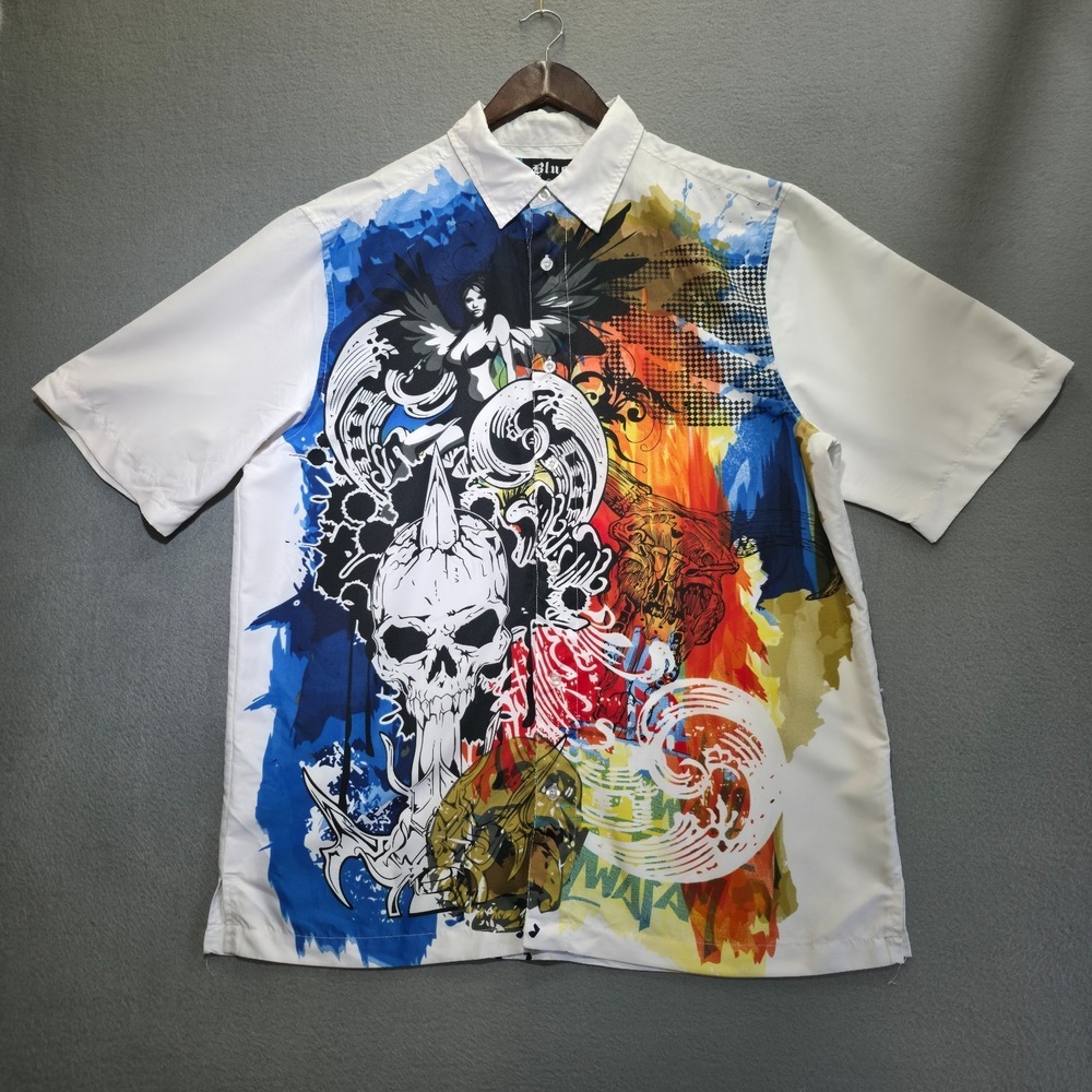 Bluez Men's Black Demon-Angel Gothic Printed Short Sleeve Button Up Shirt Size L
